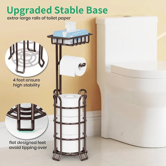 Upgraded metal freestanding toilet paper holder with 4 raised feet and integrated storage shelf for bathroom organization