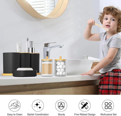 24PCS Black Bathroom Set. Shower Curtain, Rugs, Trash Can, Brush Holder, Soap Dispenser. Stylish & Functional.