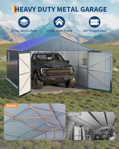 12x20 FT Metal Carport, Enclosed Car Port with Reinforced Frame and Steel Roof for All-Weather Use, Metal Garage Shed for Full-S