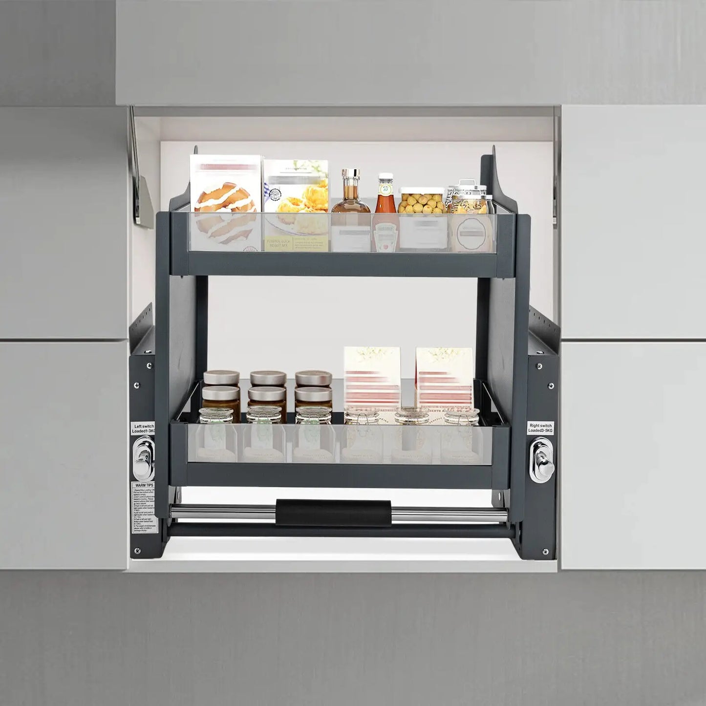 Pull-Down Cabinet Shelf 2-Tier Drop Down Lift Tempered Glass Kitchen Organizer Adjustable Load 26lbs for Upper Cabinets