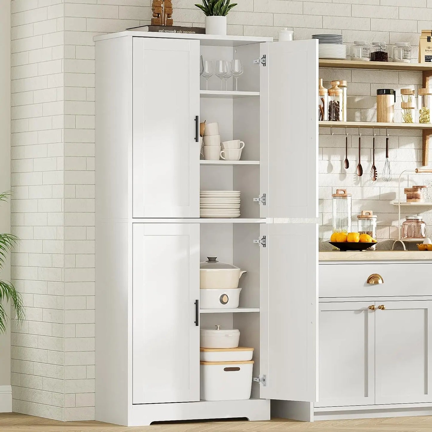 70 Inch Tall Kitchen Pantry Cabinet, Freestanding Storage Cabinet with 4 Doors and Adjustable Shelves, Utility Hutch Cupboard fo