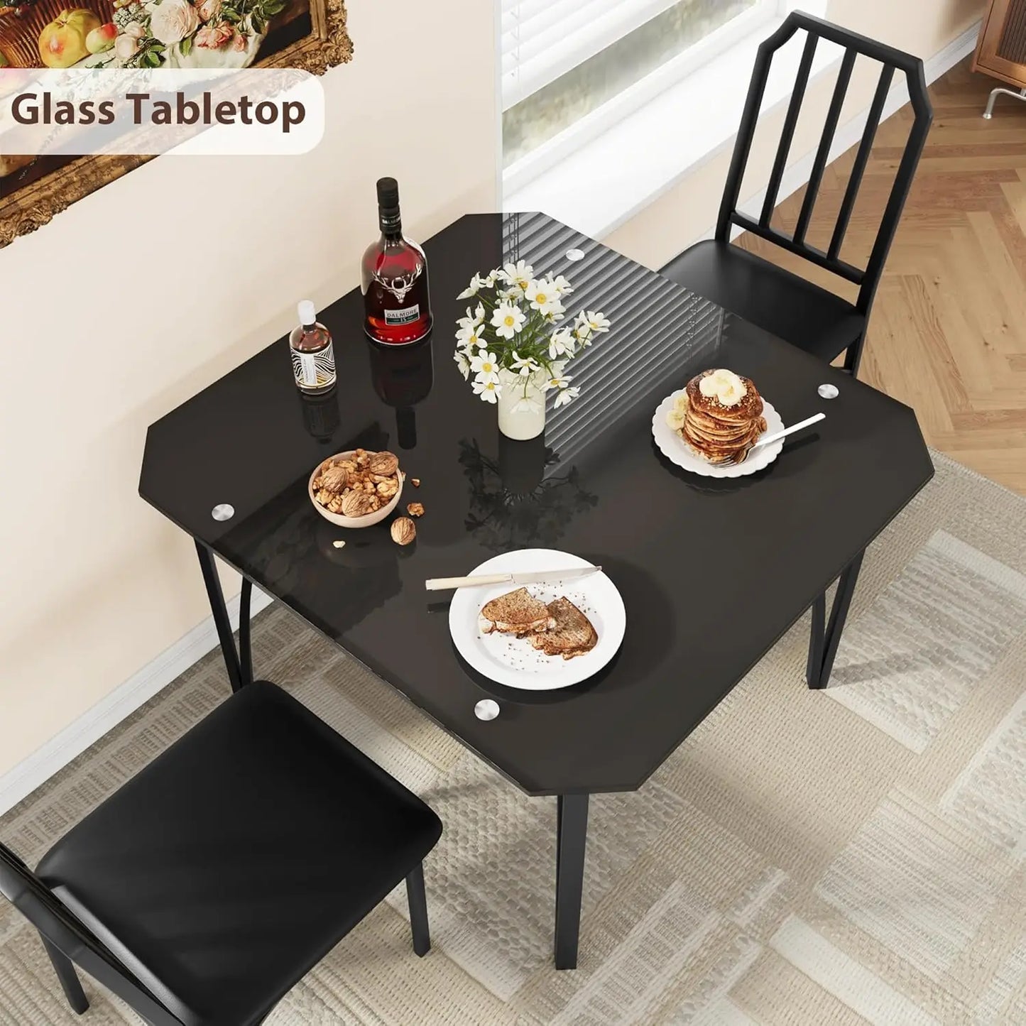 Glass Dining Table Set for 2 Kitchen Table and Chairs for 2 with Padded Seats 3 Piece Dining Room Table Set for Home Kitchen