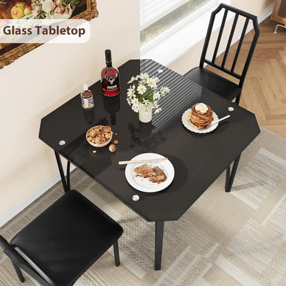 Glass Dining Table Set for 2 Kitchen Table and Chairs for 2 with Padded Seats 3 Piece Dining Room Table Set for Home Kitchen