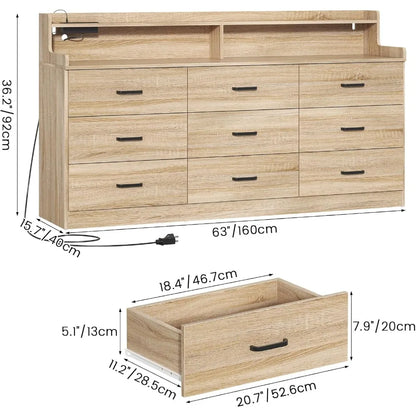 9 Drawer Dresser with Built-in Power Outlet, Mid Century Modern ,63'' Triple Wide