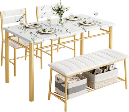IRONCK Dining Table Set for 4, Kitchen Table and Chairs Set for Small Space, Kitchen Table with Upholstered Bench and 2 Chairs