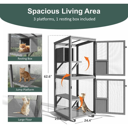 Large Outdoor Cat Enclosure, 4 Tiers Cat Catio with Wheels, Resting Box, Sunshine Panel Waterproof Roof