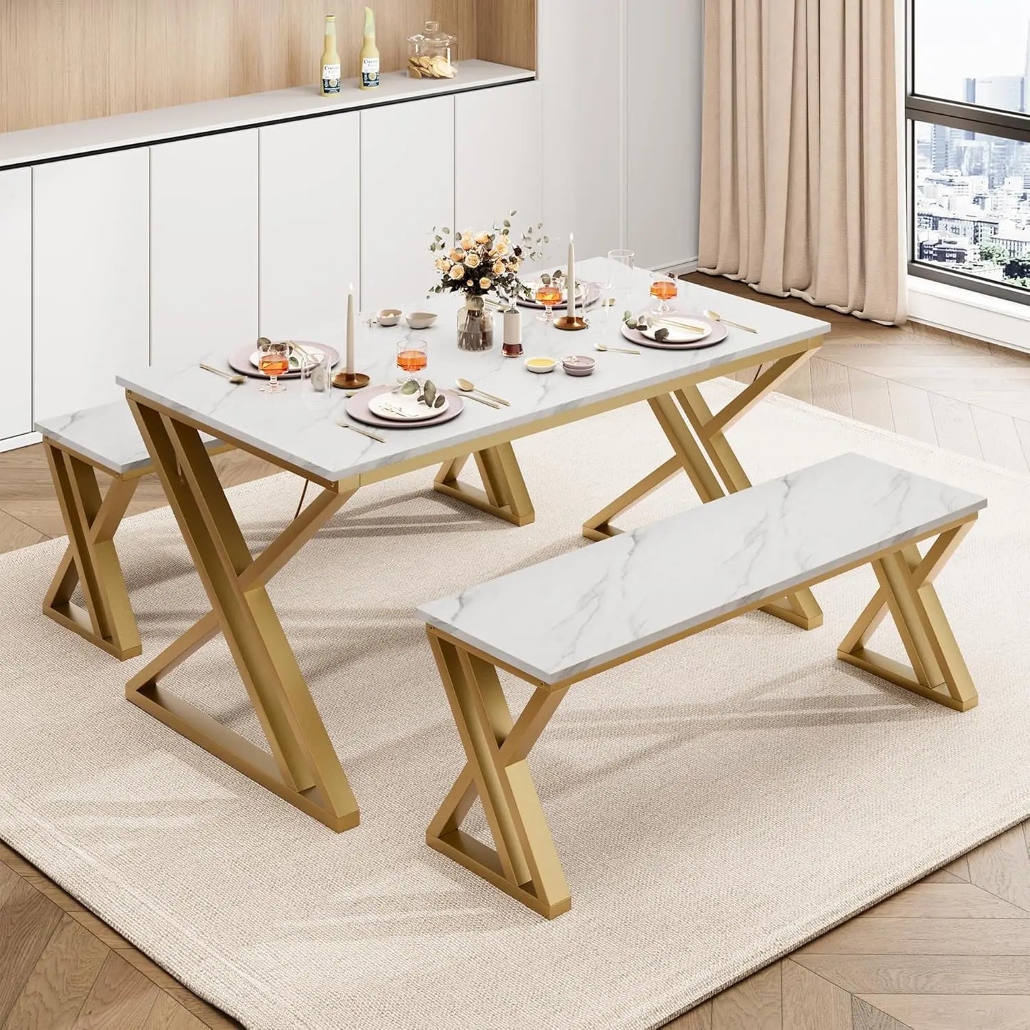 Kitchen Table Set for 4 with 2 Benches Space Saving Dining Table & Benches, Sturdy Metal Frame Dinette Set for Dining Room Gold