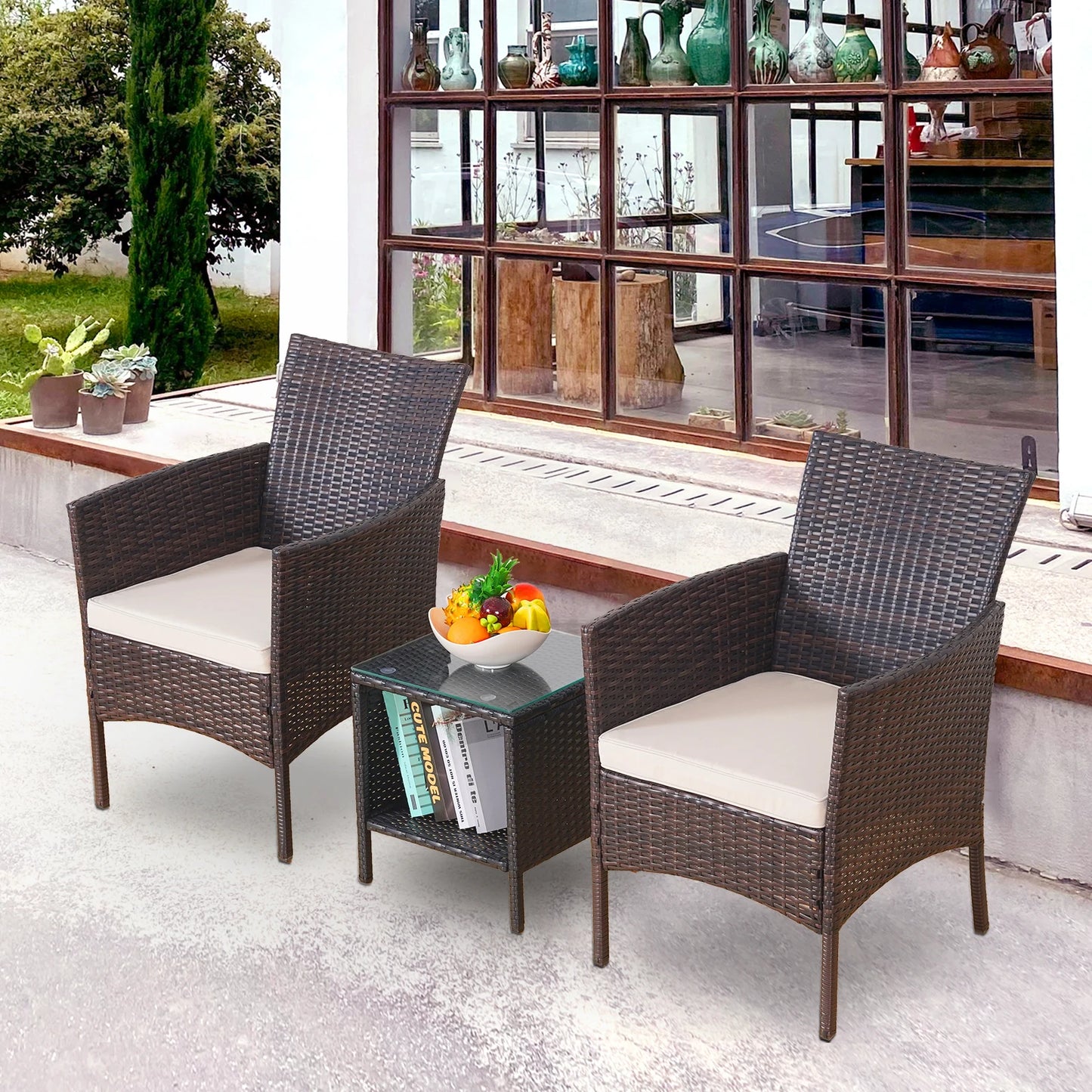 3-Piece Bistro Set Outdoor Patio Furniture Rattan Chairs Table Soft Cmats Tempered Glass Durable Comfortable Garden