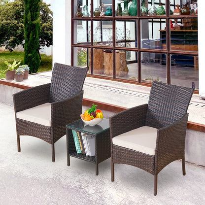 3-Piece Bistro Set Outdoor Patio Furniture Rattan Chairs Table Soft Cmats Tempered Glass Durable Comfortable Garden