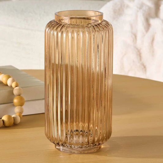 Ribbed Glass Vase Decorative Home Accent Indoor Use Floral Holder Elegant Cylinder Design 10 Inch Lightweight Washable