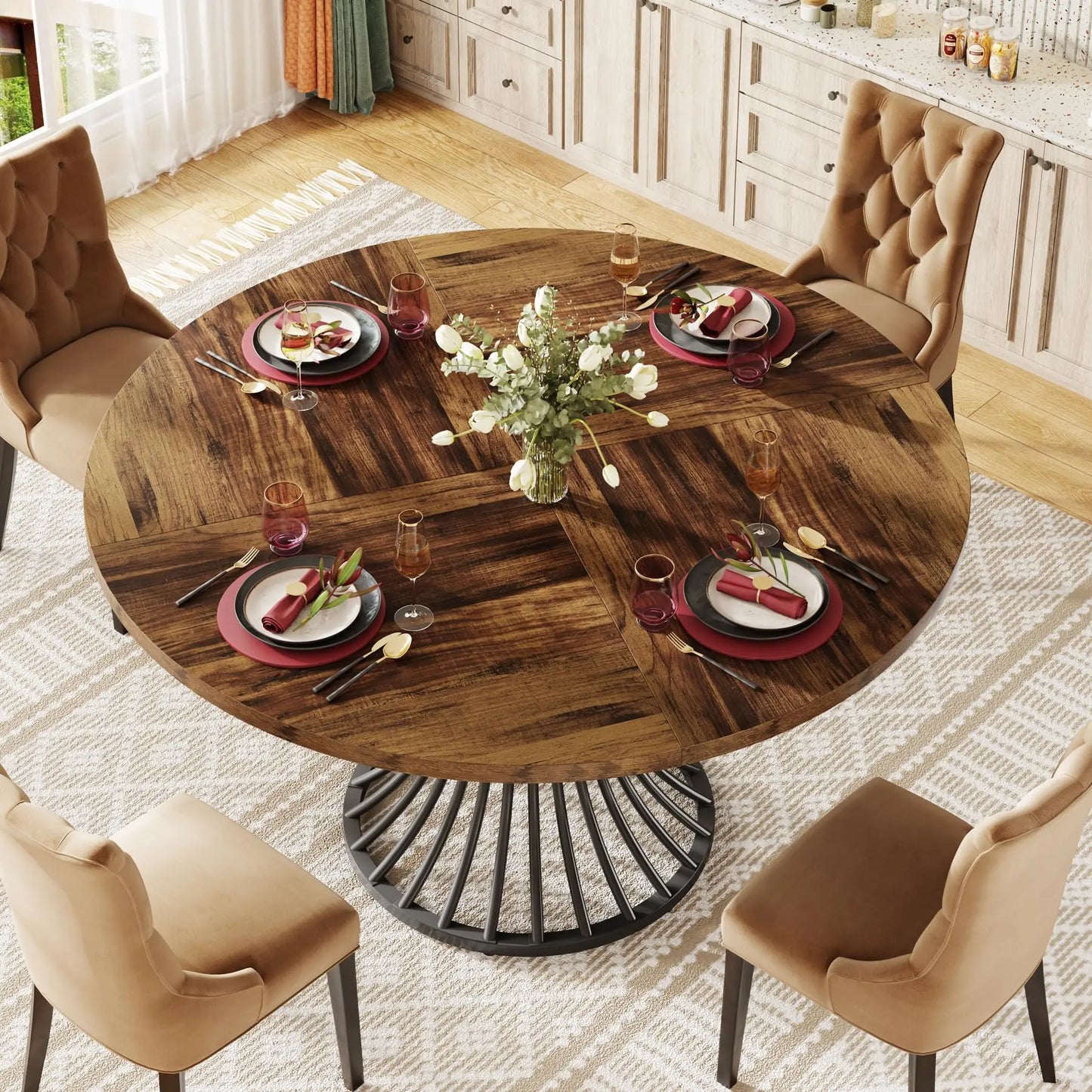 Round Dining Table for 4-6 People, 47-Inch Farmhouse Dinning Room Table Circle Kitchen Table, Industrial Dinner Table