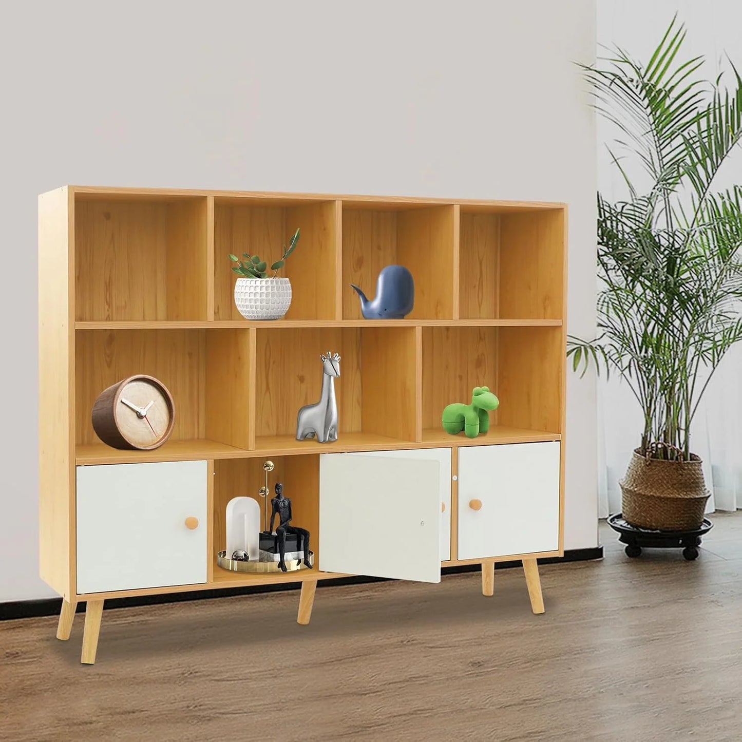 Three-tier wooden bookshelf, open cube low bookshelf with legs and drawers, cube storage