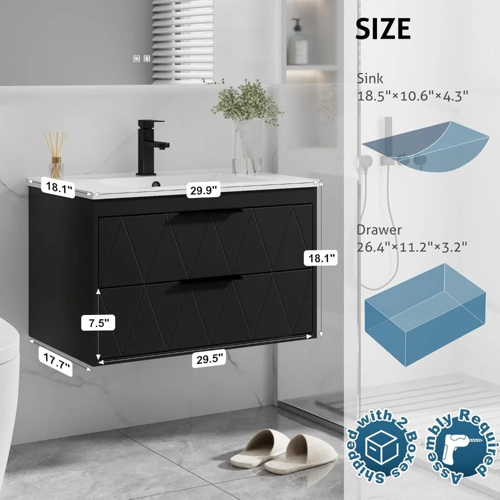 30" Bathroom Vanities Cabinet with Sink Combo, Wall Mounted Floating Cabinet W/Decor Line, Soft-Close System, 2 Extra Big Drawer