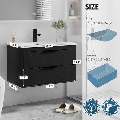 30" Bathroom Vanities Cabinet with Sink Combo, Wall Mounted Floating Cabinet W/Decor Line, Soft-Close System, 2 Extra Big Drawer