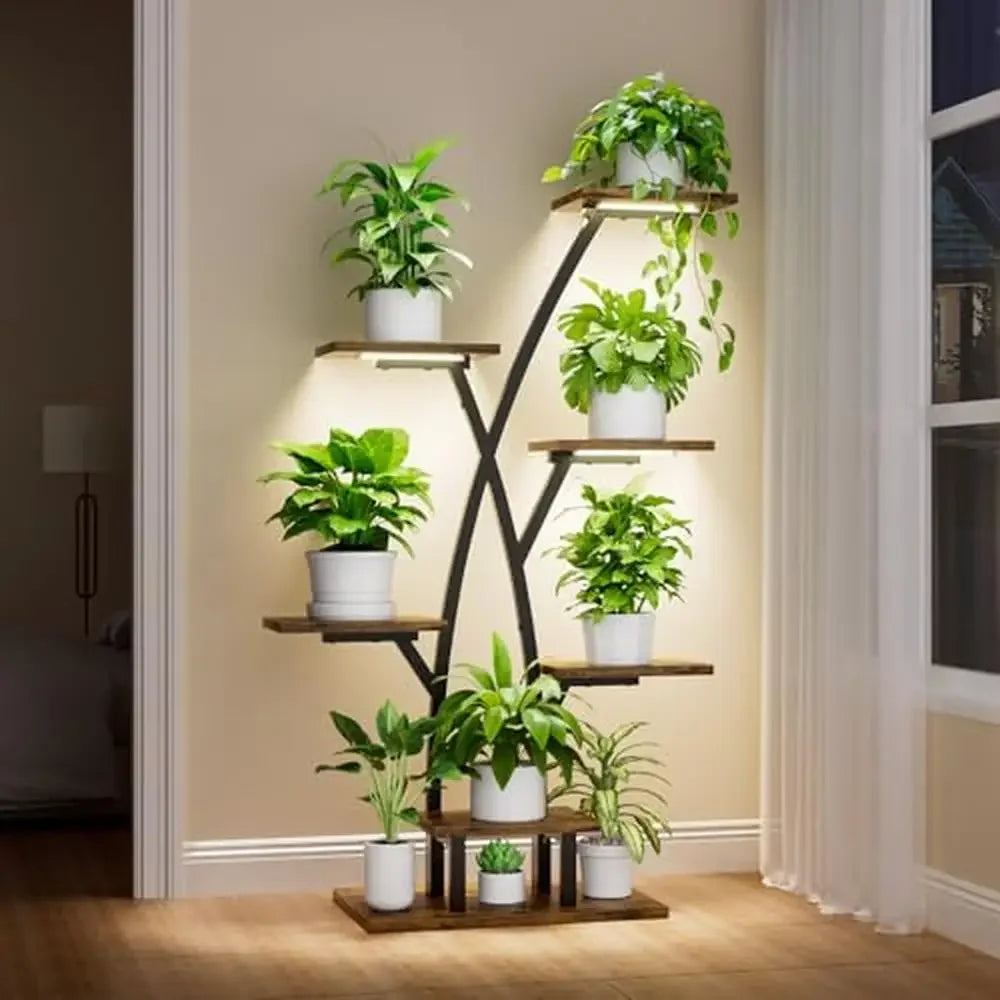 7 Tiered Indoor Plant Stand with Grow Lights Tree-Shaped Plant Shelf Multiple Plants Sturdy Structure Easy Assembly 42" Metal