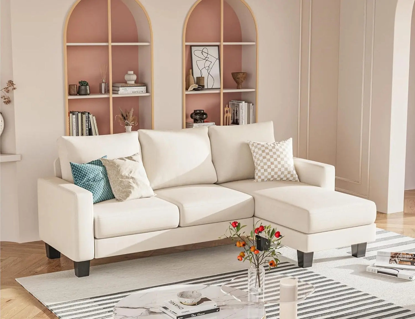 L-Shaped 3-Seater Sofa - Convertible Chaise Corduroy Couch for Small Spaces