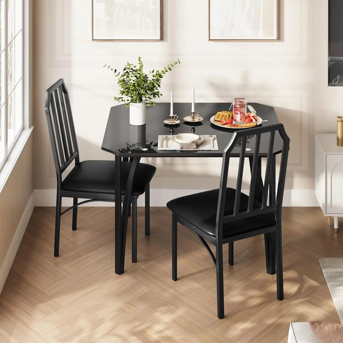 Glass Dining Table Set for 2 Kitchen Table and Chairs for 2 with Padded Seats 3 Piece Dining Room Table Set for Home Kitchen