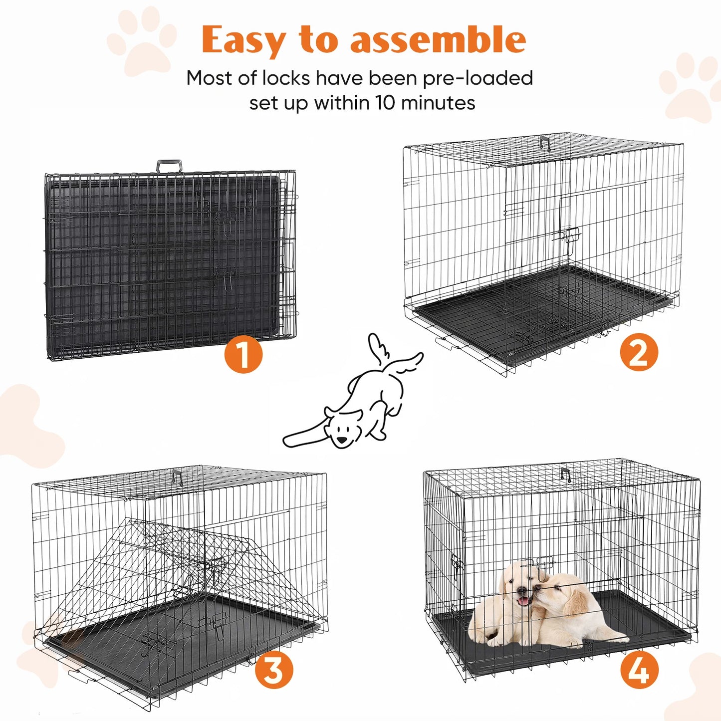 Double Door Folding Metal Wire Dog Cage with Plastic Leak-Proof Pan Tray Extra Large Pet Kennel for Indoor Outdoor Travel