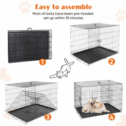 Double Door Folding Metal Wire Dog Cage with Plastic Leak-Proof Pan Tray Extra Large Pet Kennel for Indoor Outdoor Travel