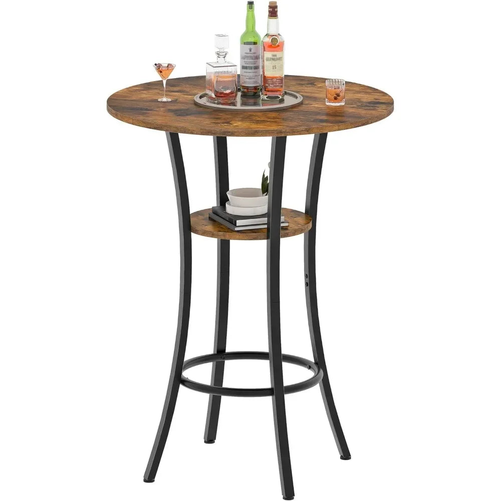 Round Bar Table, 2-Tier High Top & Counter Height Dining Table, for Bistro, Pub, Kitchen, Living Room, Rustic Brown and Black