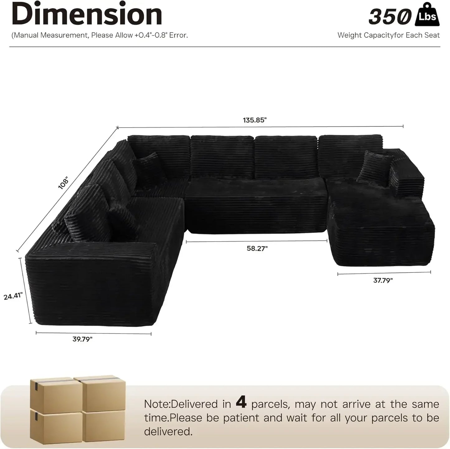 U Shaped Sofa Boneless Couch with Chaise 135" Cloud Modular Sectional Couch for Living Room Big Comfy Couches Set  furniture