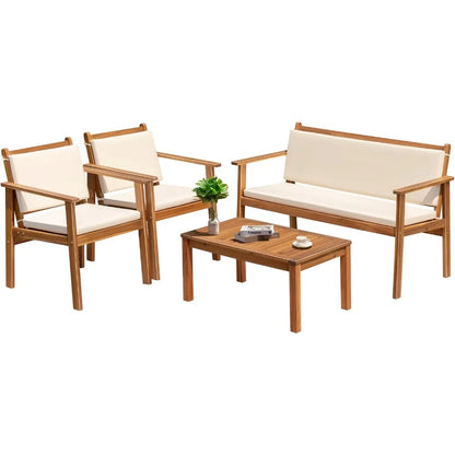 Outdoor Patio Furniture, 4 Piece Bistro Sofa Set with Coffee Table and Loveseat, Acacia Wood Conversation Sets with Cushions