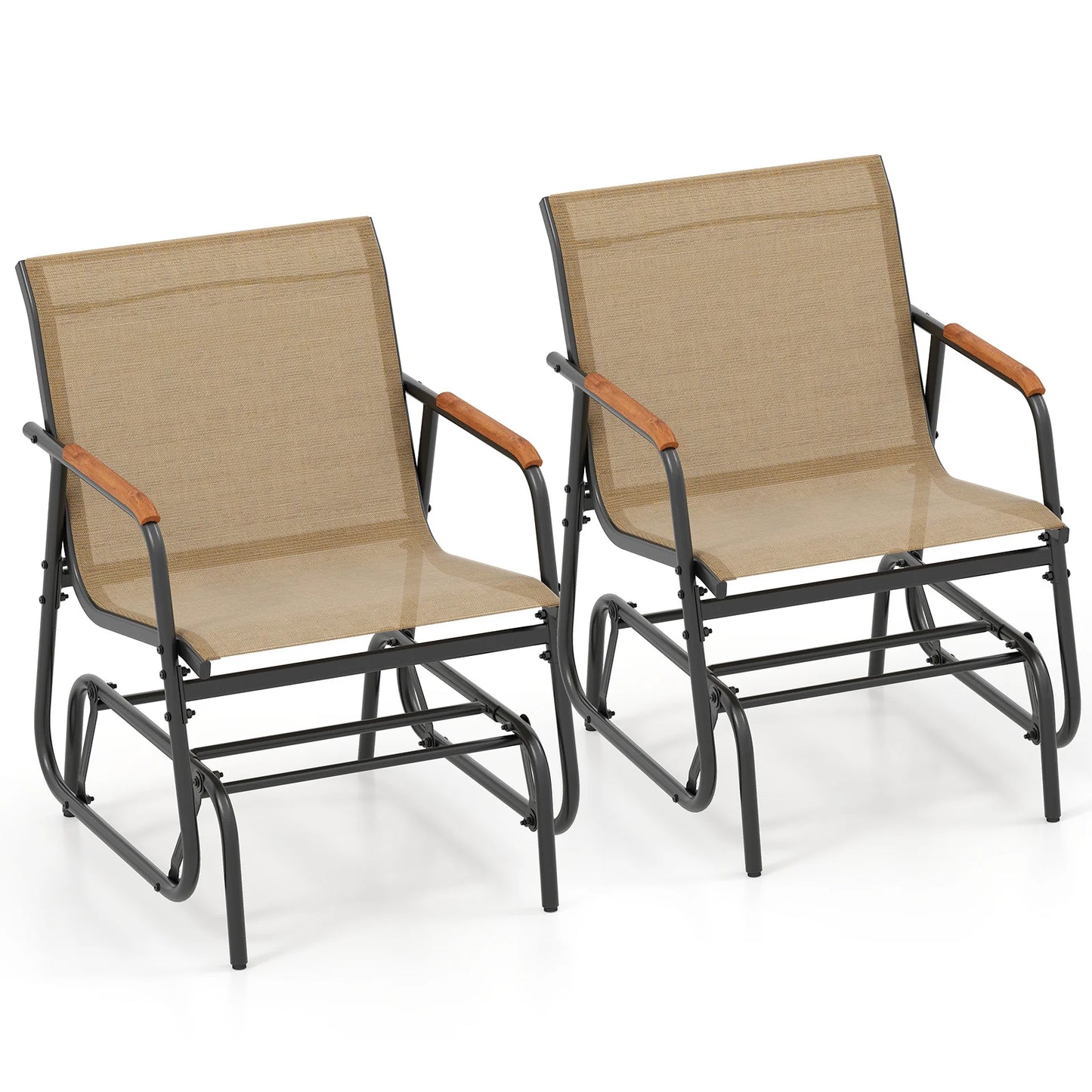 Patio Glider Chair Set of 2 w/ Curved Teak Armrests & Breathable Fabric Seat