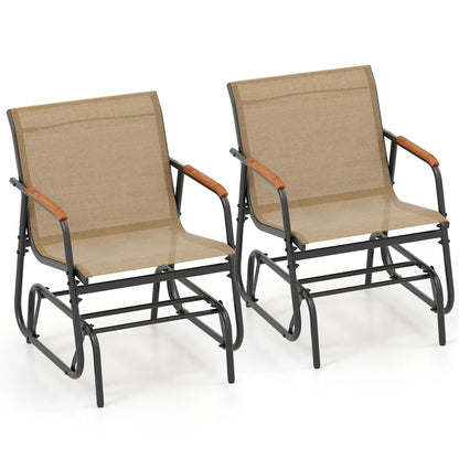 Patio Glider Chair Set of 2 w/ Curved Teak Armrests & Breathable Fabric Seat