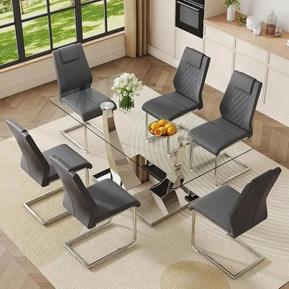 Glass Dining Table Set for 6, Modern Kitchen Table Set for 6, 71" Tempered Glass Tabletop with U-Shaped Gold Base, 7 Ppiece