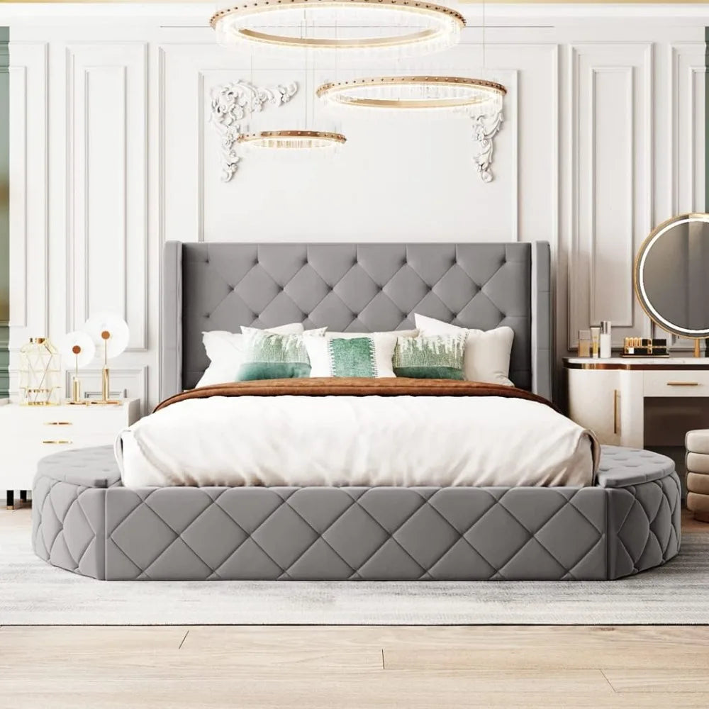 3-Piece Bedroom Set,Queen Size Velvet Upholstered Platform Round Bed and 1 Drawer,2 Side Storage Stool,with Wingback Headboard-G