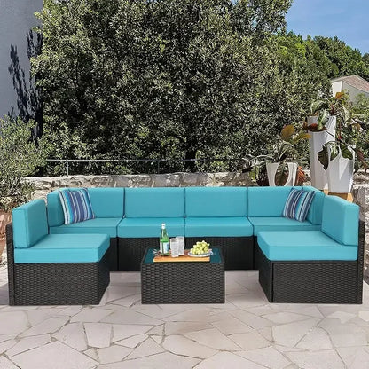 7 Piece Patio .PE Rattan Gray WickerOutdoor Sectional Furniture Chair Set