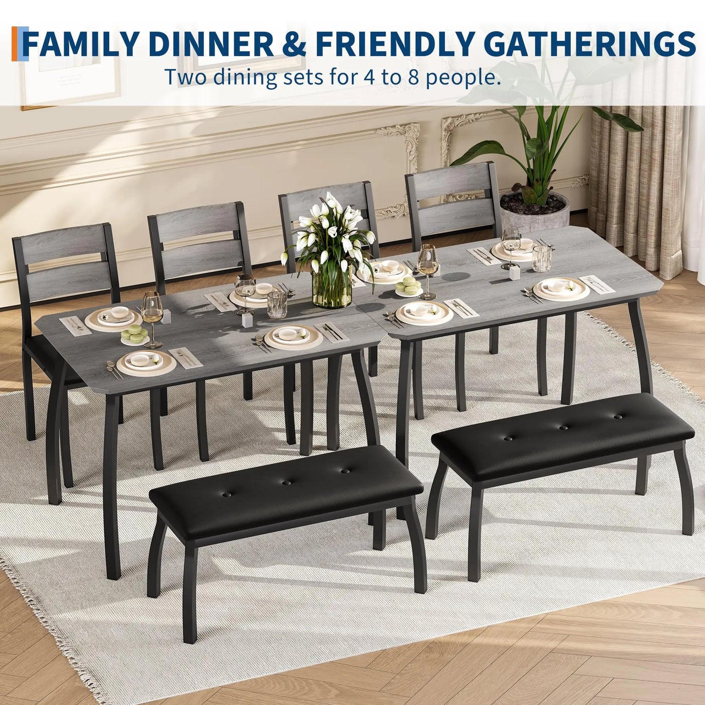 Dining Table Set for 4, Kitchen Table with Upholstered Bench and 2 Chairs, 4 Piece Dining Furniture Set for Small Space