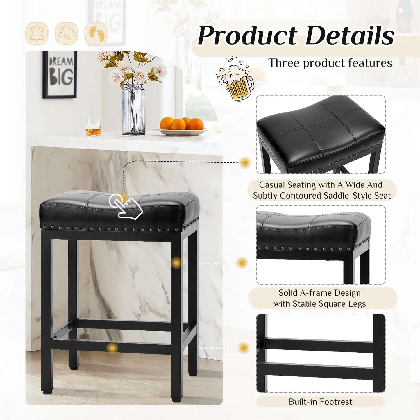 Bar Stools Saddle-Style Pu Leather Upholstered Chair Counter Height Bar Stools with Metal Base Saddle Stools For Kitchen