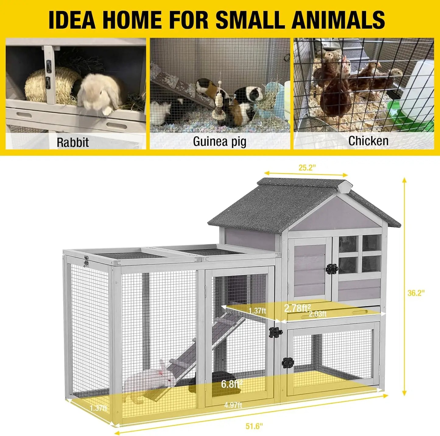 51.6"L Rabbit Hutch Indoor Outdoor, Chicken Coop with Run, Guinea Pig House Pull Out Tray, Grey