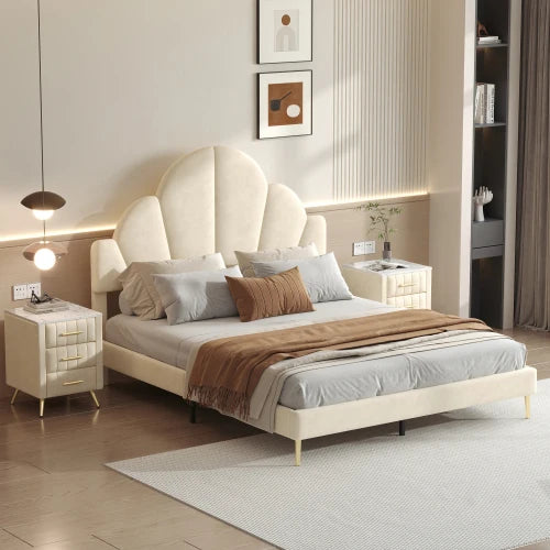 3 Pieces Bedroom Sets, Queen Size Modern Velvet Upholstered Bed Frame with Petal Shape Headboard, 3 Drawers Nightstands, Beige
