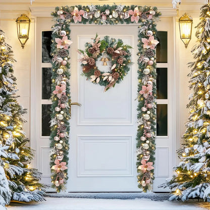 Christmas Garland with Lights, 6ft Pre Lit Outdoor Xmas Garland with Timer 20 LED Lights Pinecones Rose Gold Ball Ornaments