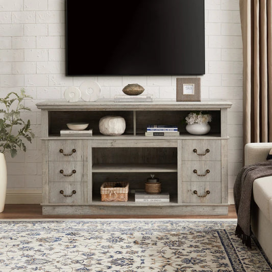 Traditional TV Media Stand Console for TV Up to 65" with Open and Closed Storage Space, Light Gray, 60"W*15.75"D*34.25"H  ﻿