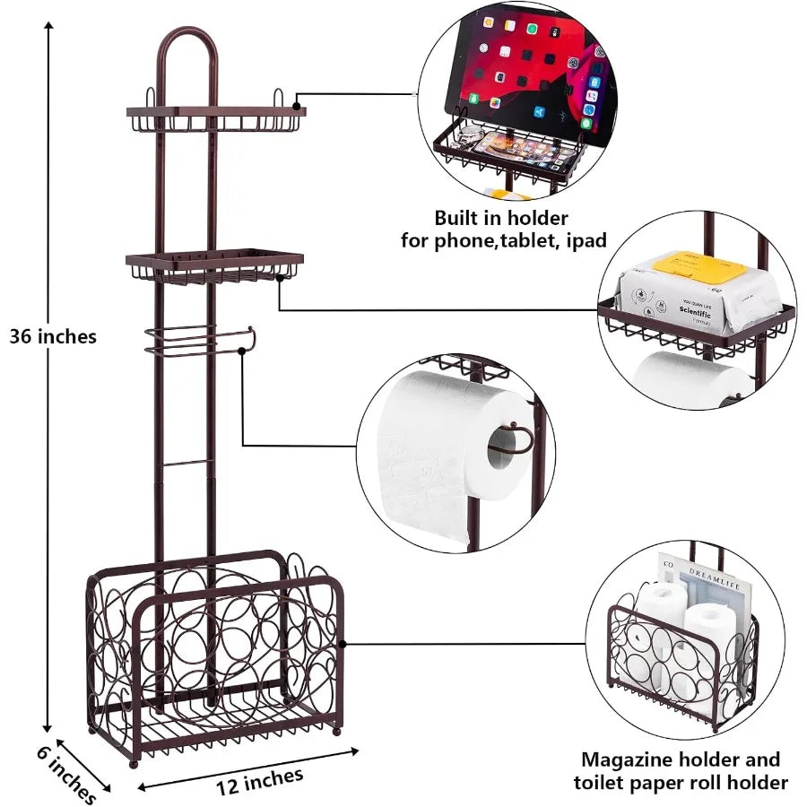 Freestanding Bronze Metal Toilet Paper Holder Tissue Rack Stand with Magazine Storage Basket for Bathroom Organization and Conv