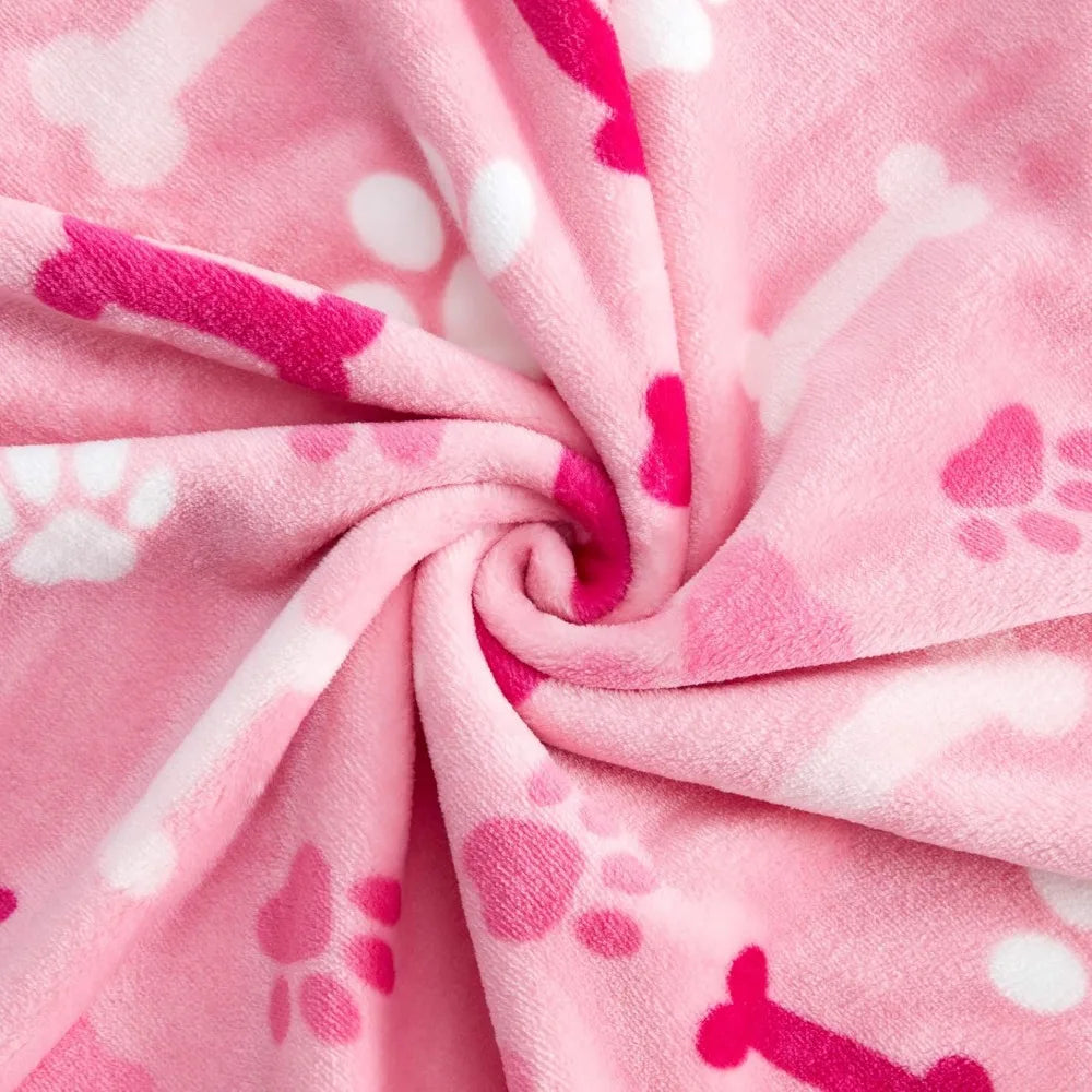 Luxurious Dog Blanket, 350 GSM Super Fuzzy Microplush Fleece Pet Blankets for Small Medium Large Dogs and Cats, Pink Paw and Bo