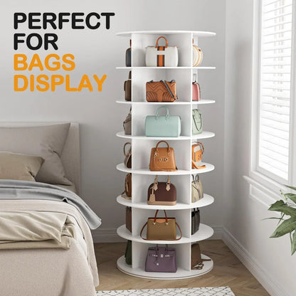 7-Tier Rotating Shoe Rack Tower, 360° Spinning Organizer for Shoes & Bags, White Storage Carousel