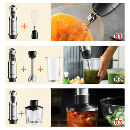 BioloMix 4 in 1 High Power 1200W Immersion Hand Stick Blender Mixer Includes Chopper and Smoothie Cup Stainless Steel Ice Blades