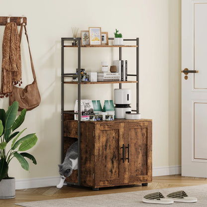 Cat Litter Box Enclosure with 2-Tier Storage Shelves and Doors Hidden Cat Washroom Cabinet Indoor Furniture Fits Most Litter Box