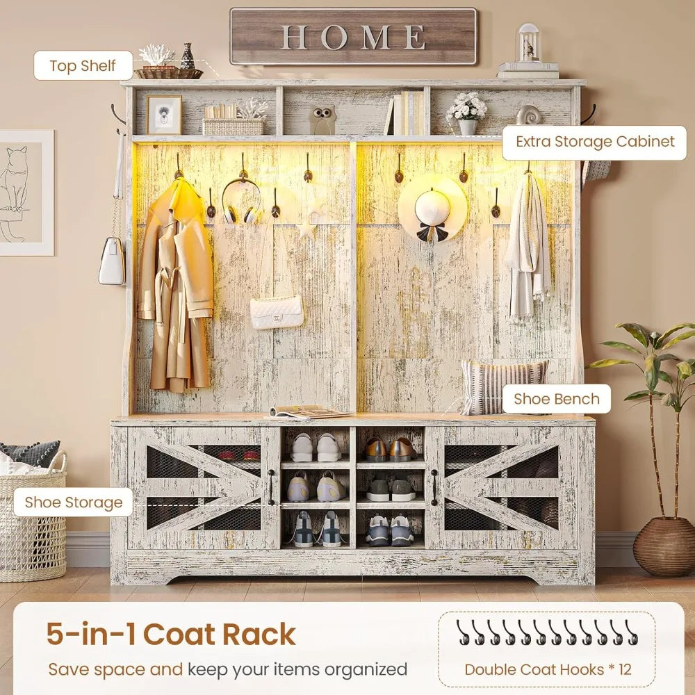 Hall Tree with Bench and Shoe Storage, 5-in-1 Entryway Bench with Coat Rack, 16 Shoe Cubbies & 12 Coat Hooks, Barn Door & Adjus