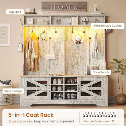 Hall Tree with Bench and Shoe Storage, 5-in-1 Entryway Bench with Coat Rack, 16 Shoe Cubbies & 12 Coat Hooks, Barn Door & Adjus