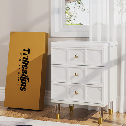3-Drawer Nightstand Tall White and Gold Bedside Table with Drawers, Versatile Modern White Night Stand with Storage
