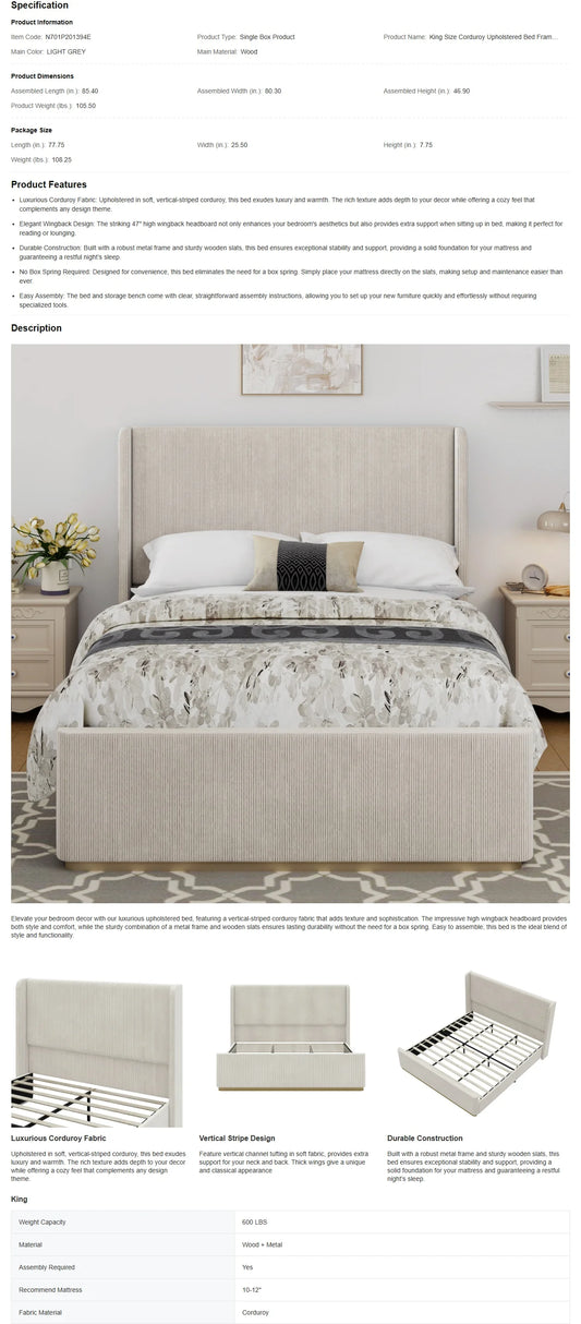 King Size Corduroy Upholstered Bed Frame with Vertical Stripe Wingback Headboard and High Footboard in Light Grey Color