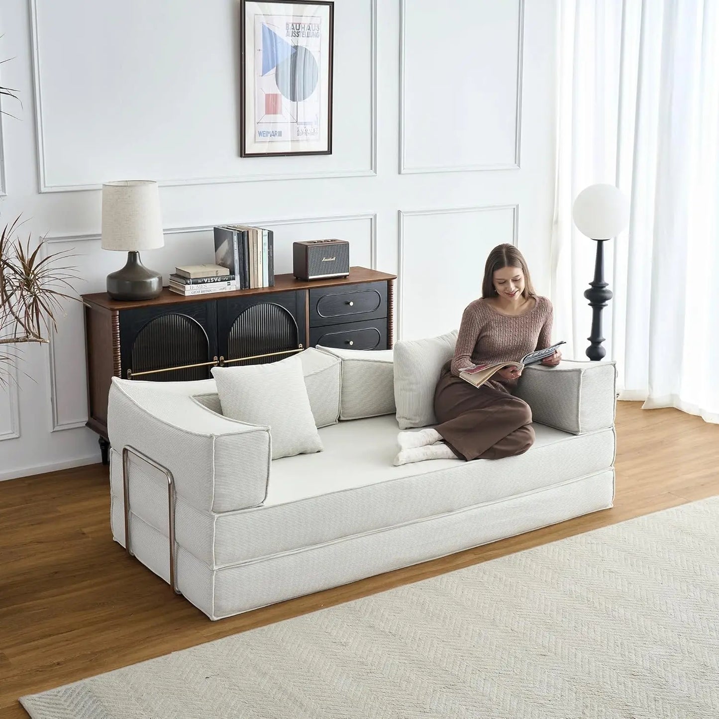 79" Convertible Sofa Bed with Pillows, Corduroy Folding Sleeper Sofa with Fixed-Shape Frame, Boneless Couch for Living Room