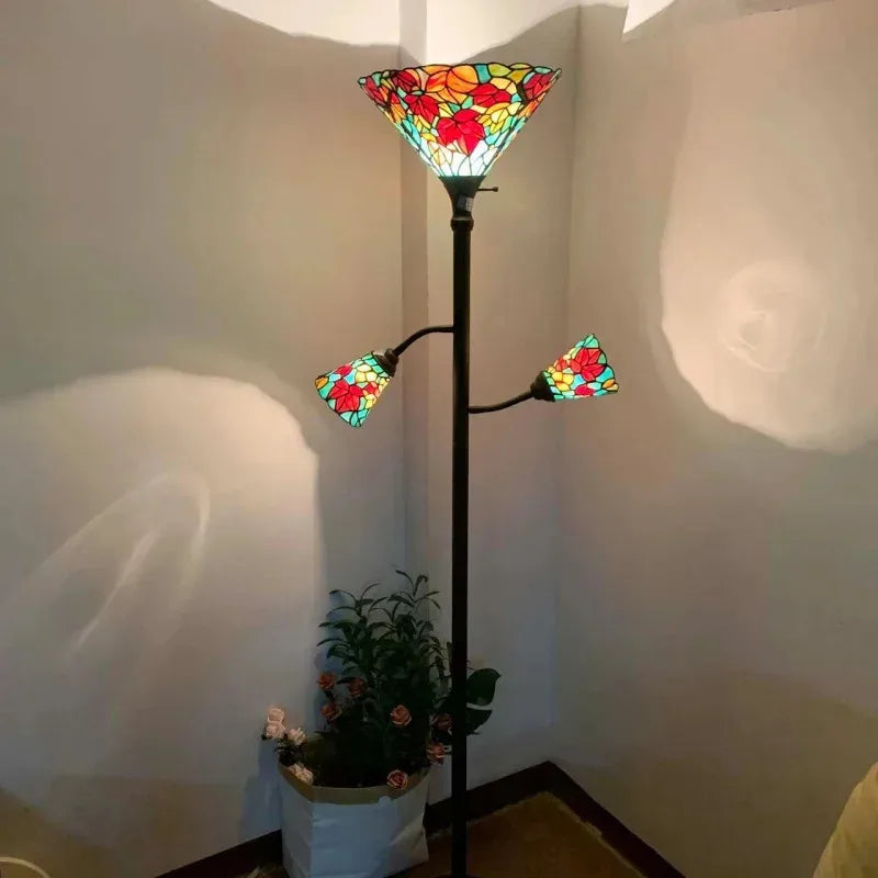 QWMaple Tree Leaves Tiffany Style Stained Glass Torchiere Floor Lamp with Sidelights 70-inches Tall