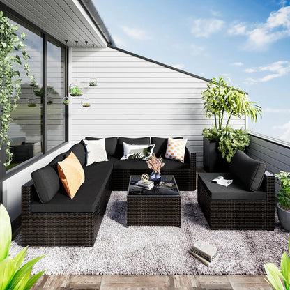 7 Pieces Patio Set, Wicker Conversation Sets with Cushion and Table, 7-Pieces Couch, Patio Furniture Set for Porch Poolside