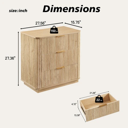 3 drawers, 27.6 inches wide modern drawer box with curved wave design, oak, 27.6 feet wide x 15.8 feet deep x 27.4 feet high.